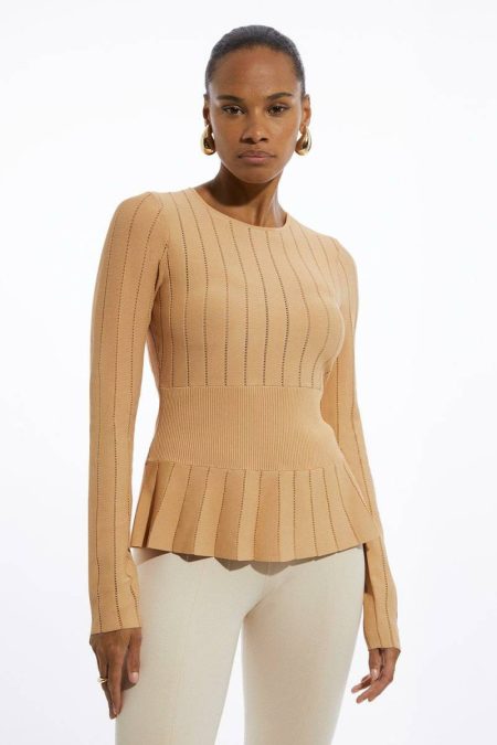 Women Tailoring Karen Millen Pointelle Viscose Blend Knit Top Camel