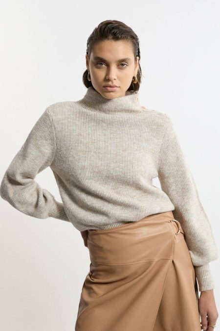 Women Tailoring Karen Millen Wool Blend Cosy Funnel Knit Sweater Ivory