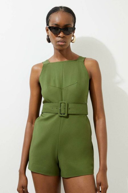 Women Tailoring Khaki Karen Millen Petite Cotton Sateen Utility Woven Belted Strappy Romper