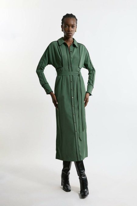 Women Tailoring Khaki Twill Midaxi Woven Shirt Dress With Belt Karen Millen