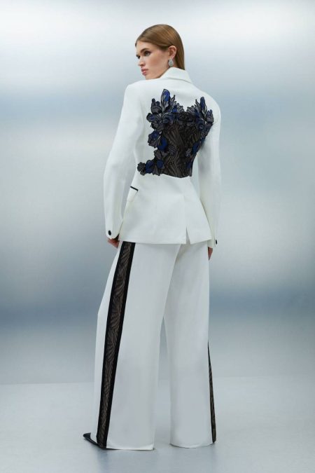 Women Tailoring Lace Applique Contrast Tailored Tuxedo Jacket Karen Millen Mono