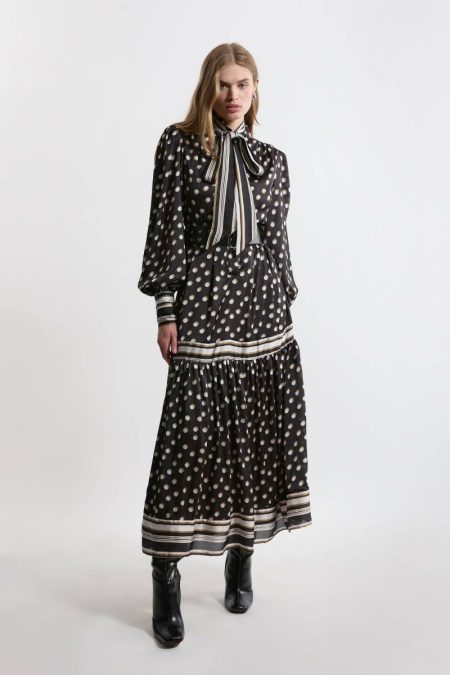 Women Tailoring Mono Petite Polka Dot Woven Balloon Sleeve Belted Midaxi Dress Karen Millen