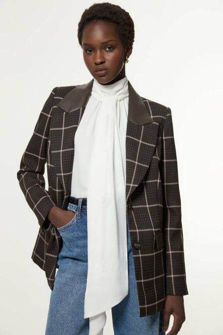 Women Tailoring Petite Check Pu Mix Tailored Jacket Brown Karen Millen