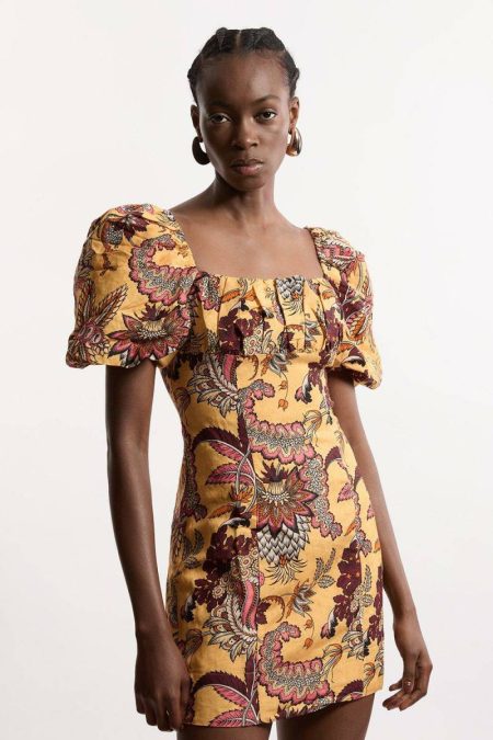 Women Tailoring Petite Paisley Viscose Linen Woven Puff Sleeve Mini Dress Multi Karen Millen