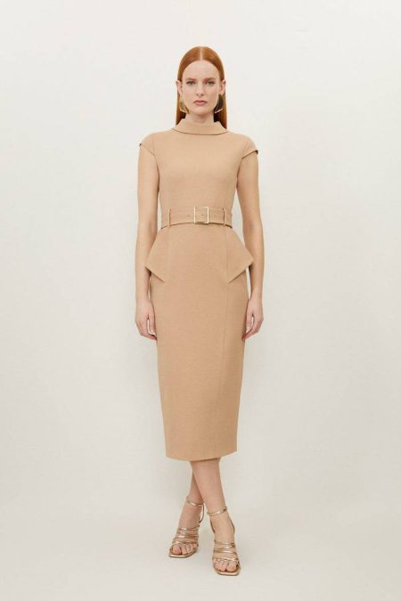 Women Tailoring Petite Structured Crepe Turtleneck Peplum Belted Midi Dress Karen Millen Camel