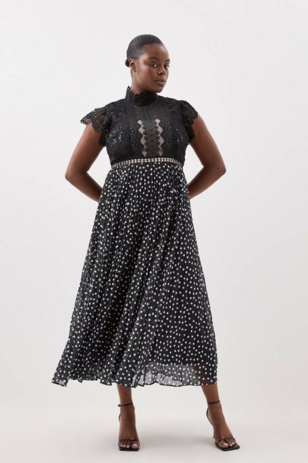 Women Tailoring Plus Size Guipure Lace Dot Pleated Skirt Midi Dress Karen Millen Nude