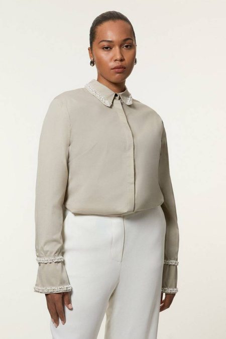 Women Tailoring Stone Karen Millen Plus Size Pearl Trim Cotton Woven Shirt