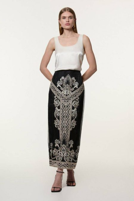 Women Tailoring Tall Embroidered Organdie Woven Midi Skirt Karen Millen Black