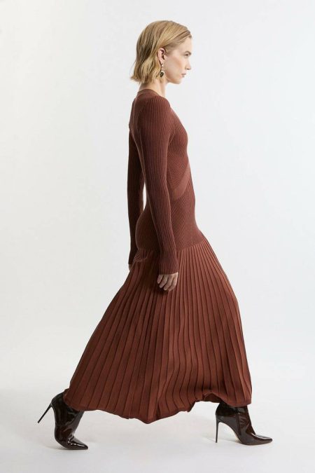 Women Tailoring Toffee Petite V Neck Elevated Rib Knit Full Skirt Midi Dress Karen Millen