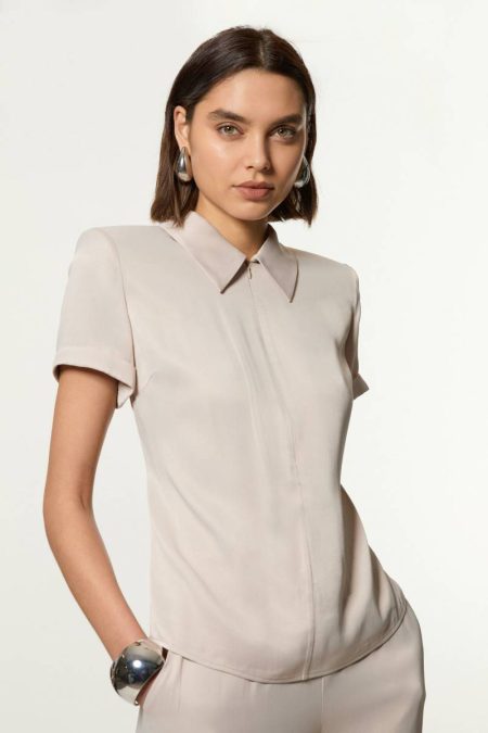 Women Tall Collared Zip Satin Short Sleeve Woven Top Karen Millen Tops Silver