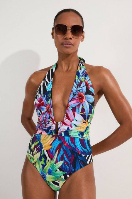 Women Tall Tropical Floral Plunge Swimsuit Karen Millen Multi Swimwear