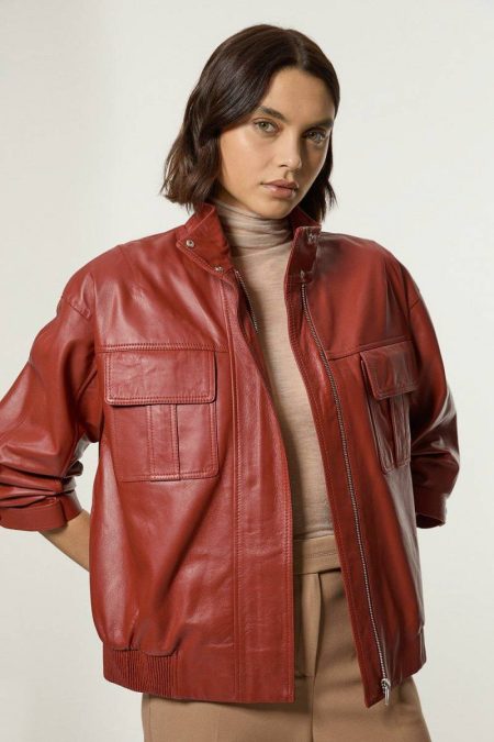 Women Tan Leather Cargo Pocket Bomber Jacket Leather Karen Millen