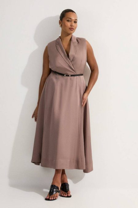 Women Taupe Midi Dresses Plus Size Premium Viscose Linen Tailored Full Skirt Midi Dress Karen Millen