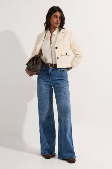 Women Textured Tweed Cropped Tailored Jacket Two-Piece Sets Cream Karen Millen