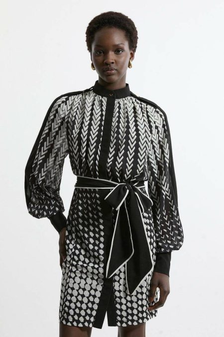 Women Tipped Border Print Georgette Mini Dress Karen Millen Mono Tailoring