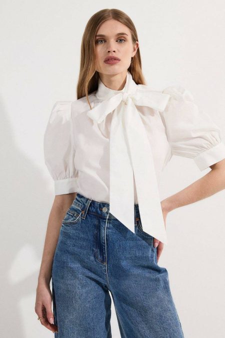 Women Tops Cotton Poplin Pussy Bow Puff Sleeve Woven Blouse Ivory Karen Millen