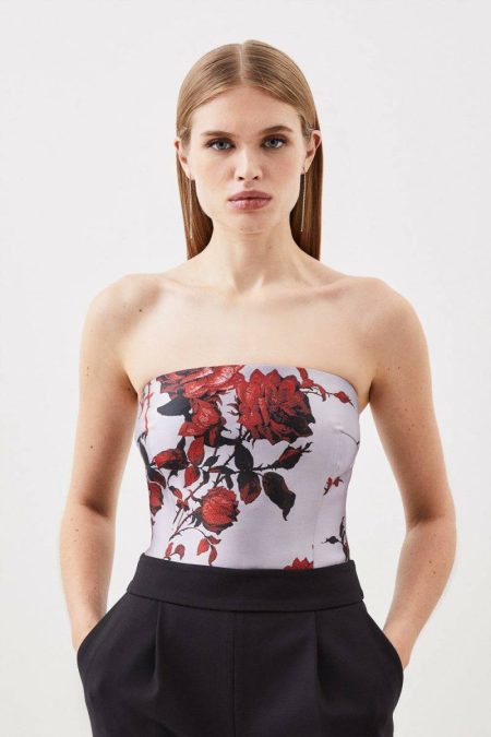 Women Tops Tall Floral Jacquard Panelled Woven Shirred Top Karen Millen Floral