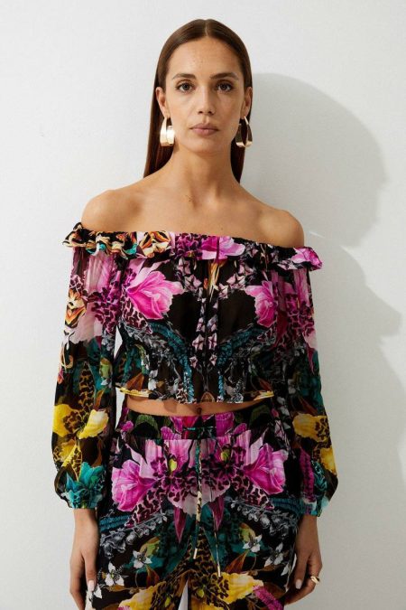 Women Tops Tropical Floral Viscose Georgette Beach Top Karen Millen Multi