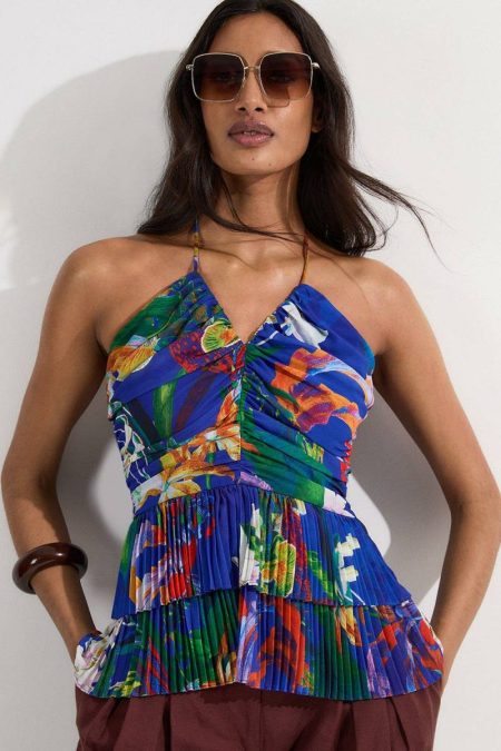 Women Tropical Georgette Crinkle Tiered Halterneck Top Blue Tops Karen Millen