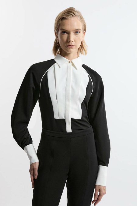 Women Twill Contrast Collar Woven Shirt Mono Tops Karen Millen