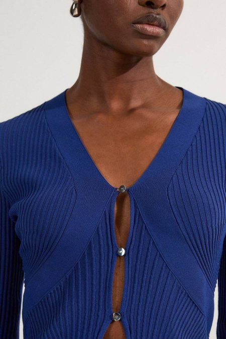 Women Viscose Blend Curve Rib Detail Knit Cardi Coral Knitwear Karen Millen