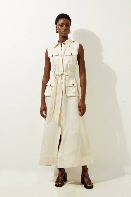 Women Viscose Linen Woven Sleeveless Shirt Midi Dress Ivory Midi Dresses Karen Millen