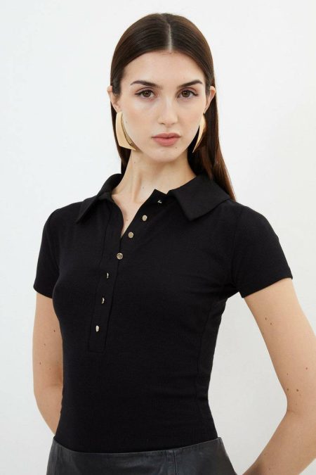 Women Viscose Rib Jersey Short Sleeve Collared Top Karen Millen Tops Ivory