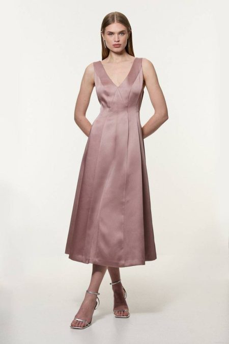 Women Viscose Satin Structured Tailored Seam Detail Midi Dress Blush Karen Millen Tailoring