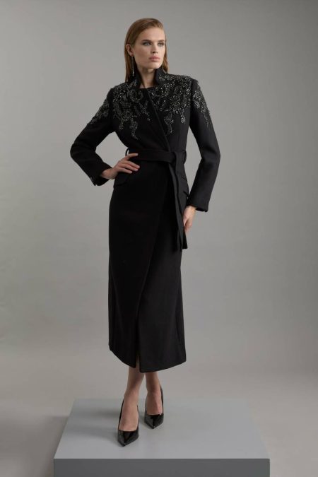 Women Wool Blend Crystal Embellished Notch Neck Belted Midaxi Coat Black Karen Millen Tailoring