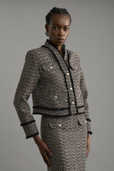 Women Wool Mix Boucle Tailored Cropped Collarless Jacket Tailoring Karen Millen Multi
