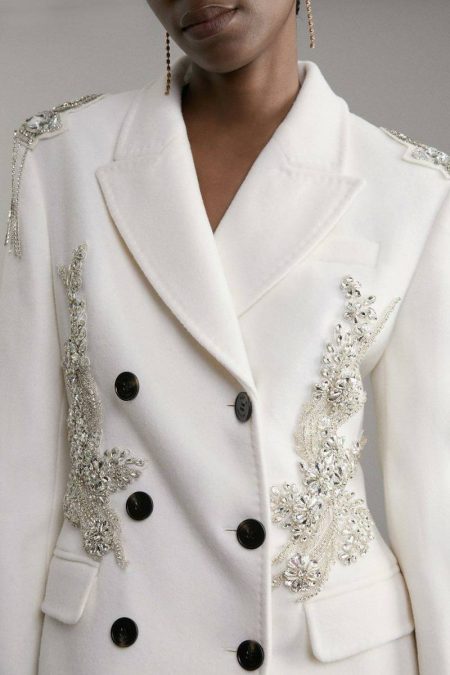 Wool Blend Crystal Embellished Double Breasted Tailored Maxi Coat Karen Millen Women Ivory Tailoring