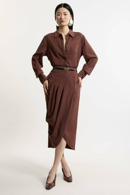 Wool Blend Pleated Detail Tailored Midi Skirt Women Tailoring Karen Millen Grey