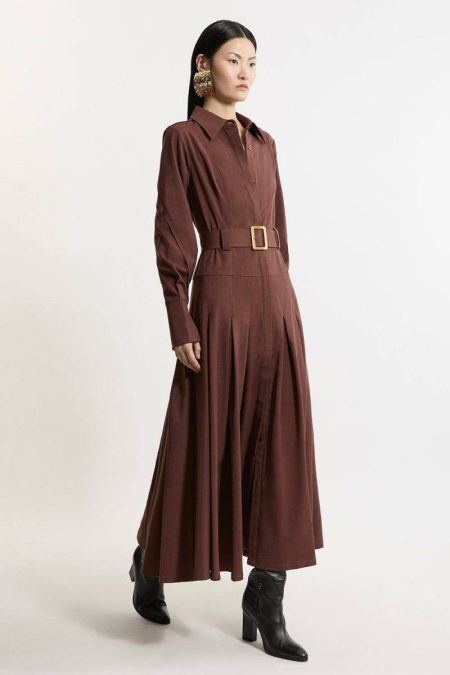 Wool Blend Pleated Tailored Belted Maxi Shirt Dress Tailoring Women Karen Millen Grey
