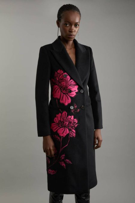 Wool Blend Satin Applique Embellished Double Breasted Tailored Midi Coat Women Black Karen Millen Tailoring