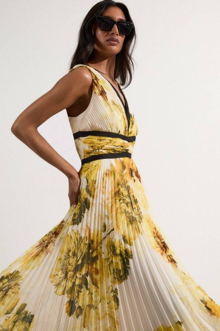 Yellow Karen Millen Pleated Floral Bodice Detail Woven Maxi Dress Maxi Dresses Women